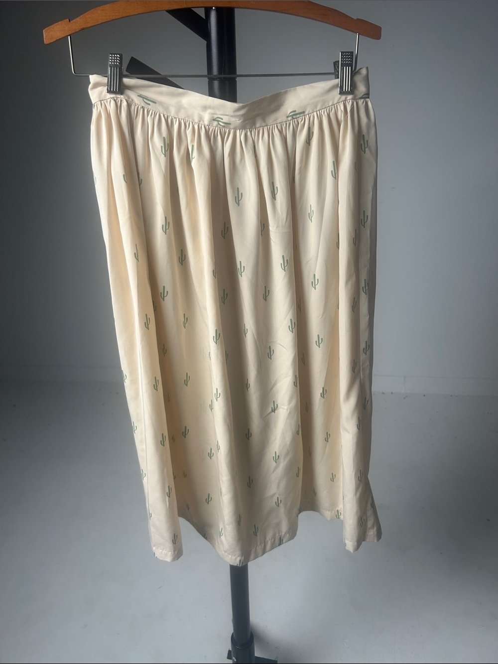 Anthropologie Cream Midi Skirt with Green Cactus Print